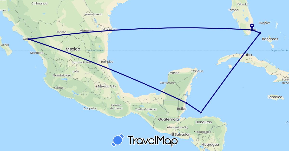 TravelMap itinerary: driving in Bahamas, Belize, Honduras, Mexico, United States (North America)